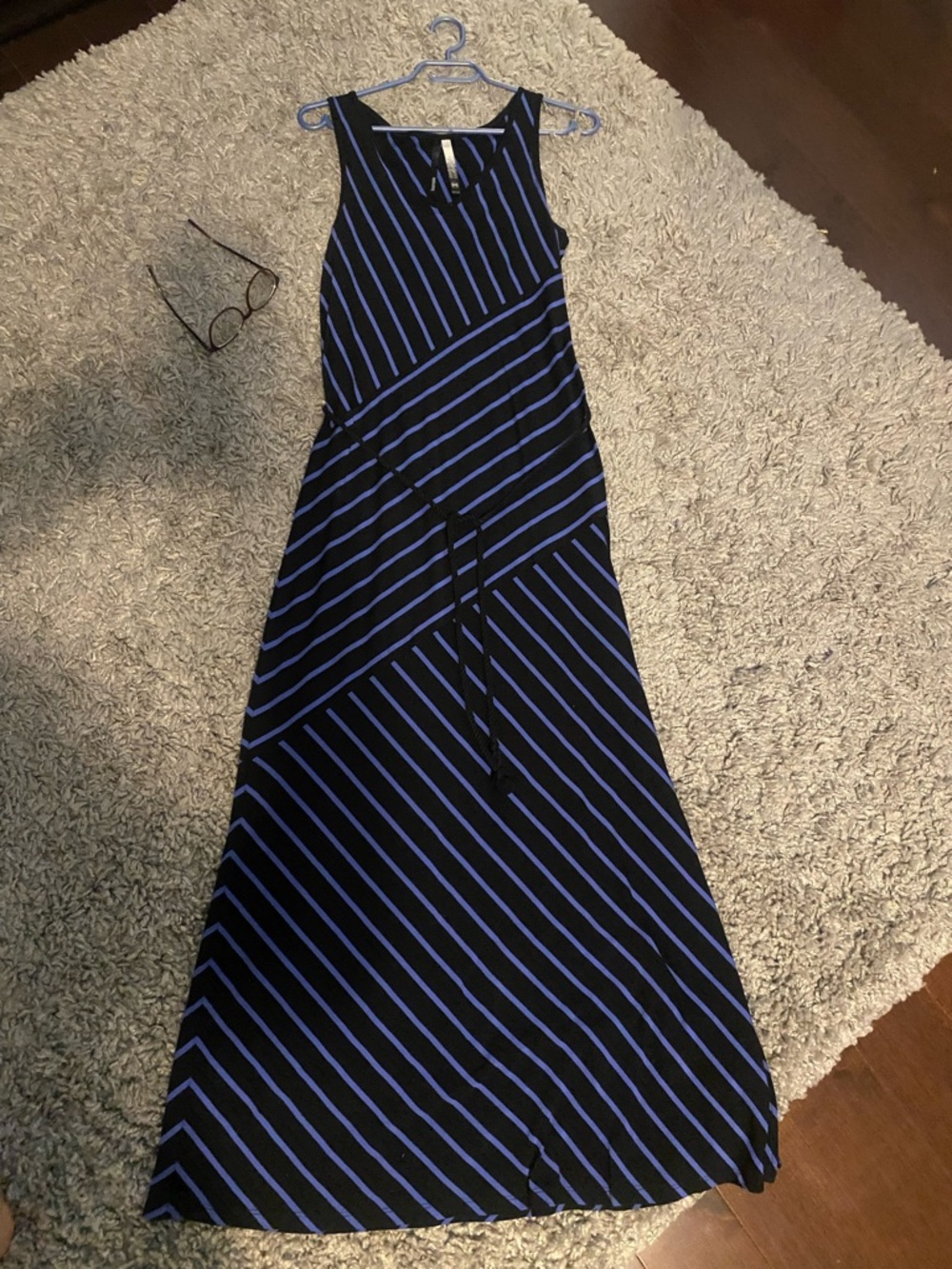 Kensie Black and Blue Striped Sleeveless Maxi Dress